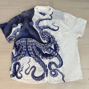 Nautical Octopus Print Casual Shirt - Navy & White